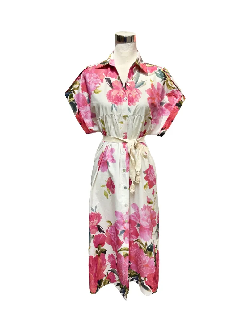 Hemdblusenkleid mit Blumenmuster, kurzen Ärmeln und Gürtel