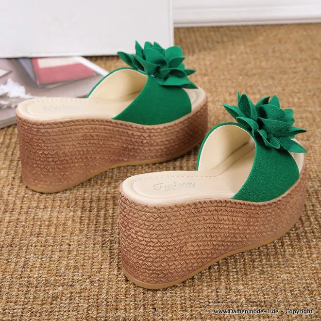 Keil Plateau Sommer Schuhe mit Blume in Grün